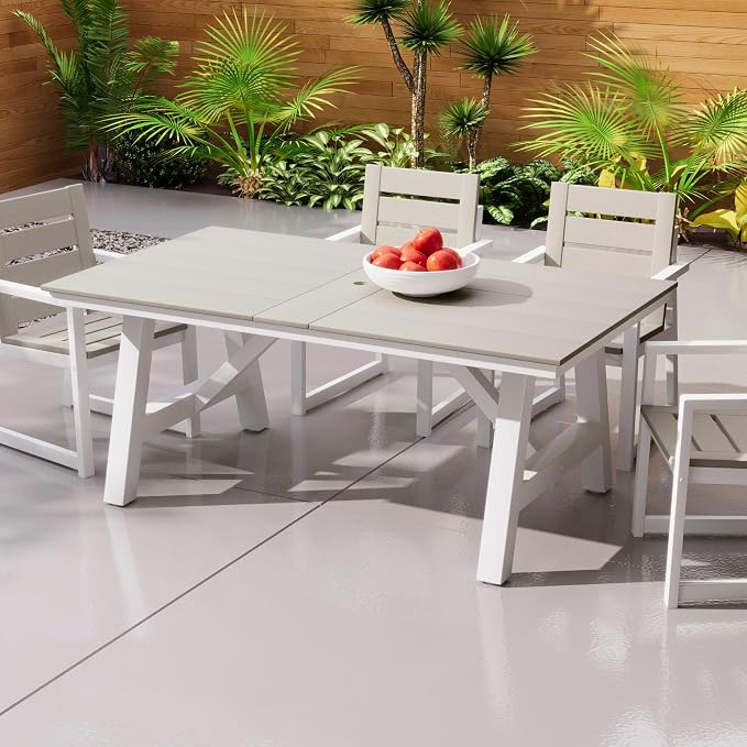 Costaelm Outdoor Dining Tables for Patio, 72" Rectangle 6-Person HDPE Dining Table with Umbrella Hole and Metal Frame for Outside, Garden, Poolside, Backyard, Porch, Balcony, Sand