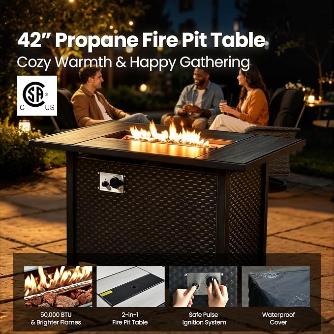 10 Piece Wicker Patio Furniture Set with Firepit, Black | High Back Swivel Rocker Chairs, 54-inch Fire Pit, Outdoor Sofa Ottoman Solar Lights Table, Conversation Sets, Deck Backyard
