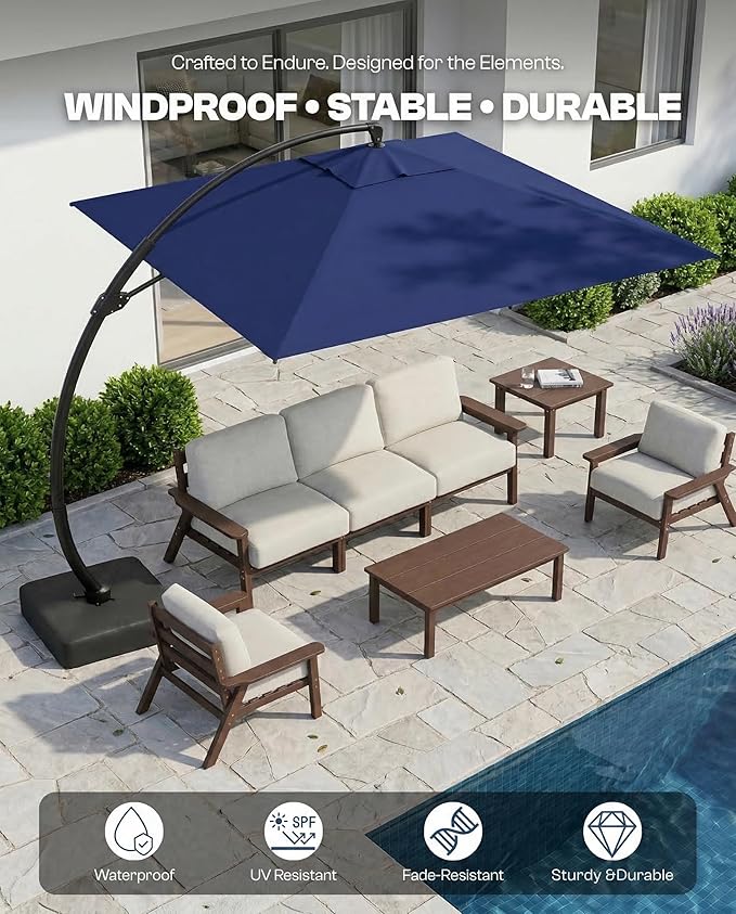 10*10 FT Cantilever Umbrella with Base Included, Large Square 360° Rotation Offset Umbrella Outdoor Patio, Heavy Duty Aluminum Frame, Sand-Weighted Stand, for Deck, Backyard, Pool, Garden (Navy Blue)