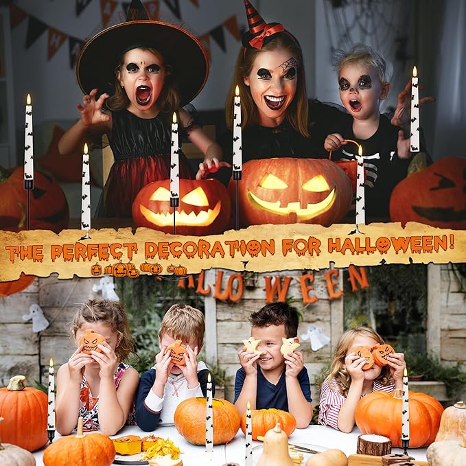 Halloween Taper Candles with Bats, 9.6”Real Wax Flameless Taper Candles with Remote & Timer, 3 Pack Battery Operated Halloween Led Candlesticks for Party Home Decor