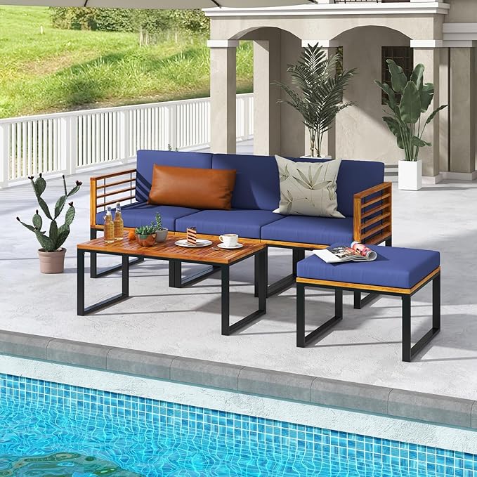 Tangkula 5 Pieces Patio Conversation Set, Acacia Wood Chair Set with Ottoman & Coffee Table, Comfy Seat & Back Cushions, Outdoor Wood Furniture Set for Backyard, Poolside, Garden