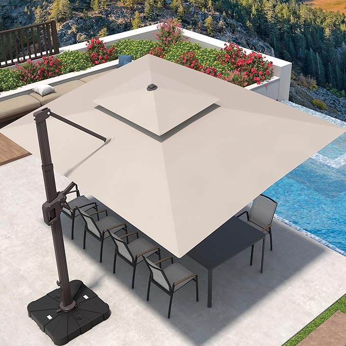 9' X 12' Patio Umbrella with Weighted Base and LED Lights Outdoor Cantilever Large Rectangle Offset Umbrellas Heavy Duty Aluminum Double Top with 360-degree Rotation for Pool Garden Deck, Beige