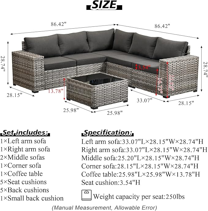 HOOOWOOO Outdoor Patio Sectional Furniture Sofa Set with Widened Armrest,6 Piece Small Modern Wicker Couch,Modular L Shaped Conversation Seating Set with Table for Out Door Garden Corner(Black)