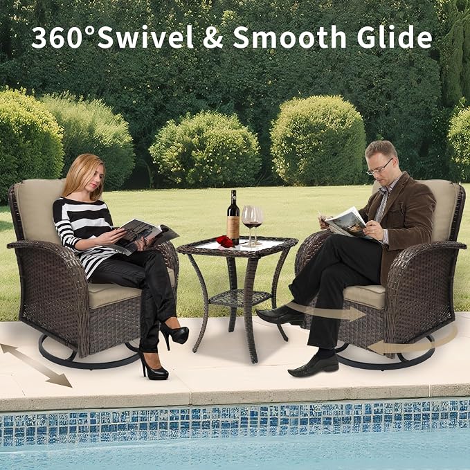 Outdoor Swivel Rocker Patio Chairs 3 Pieces，Swivel Patio Chairs with Cushions，Outdoor Swivel Rocking Chairs Set of 2 with Rattan Side Table，Patio Furniture Set for Outside Porch Deck