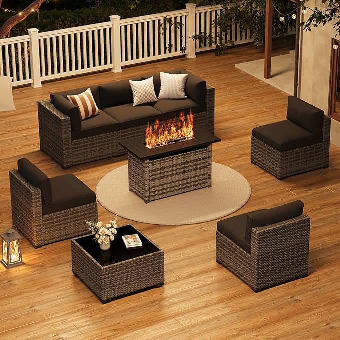 LazySunsets 8-Piece Patio Furniture Set with 44" Fire Pit Table, Wicker Outdoor Furniture, Patio Conversation Sets with Coffee Table, Outdoor Sectional Couch with Waterproof Cover, Black