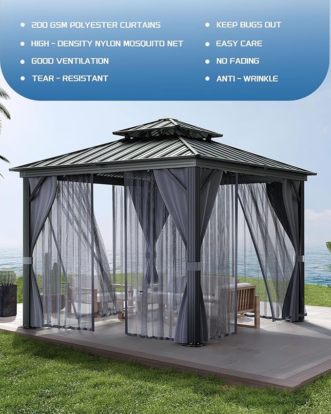 10'X10' 'Aluminum Double Layer Iron Roof Gazebo - Durable, Weather Resistant, Spacious, Easy Assembly, Stylish Design