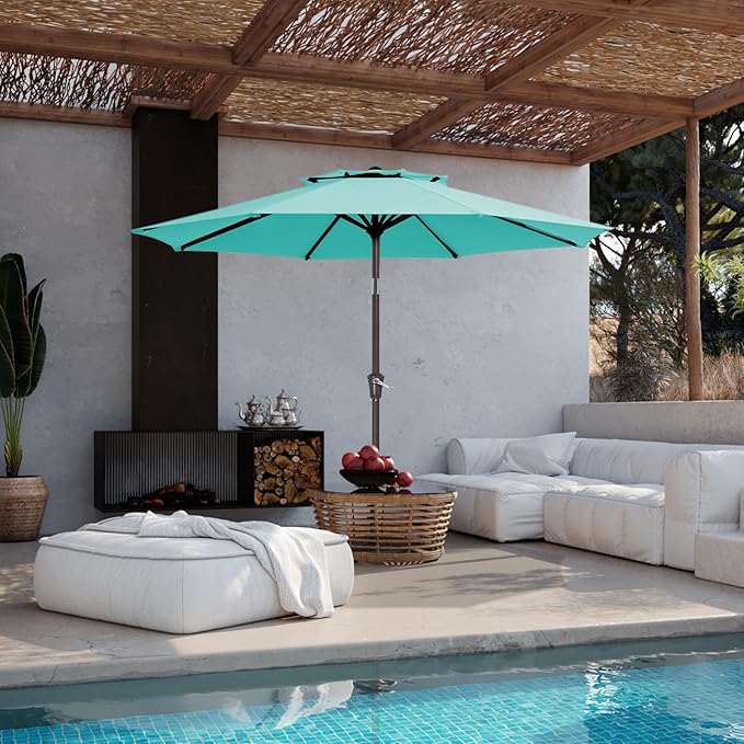 JEAREY 9' 2-Tiers Patio Umbrellas Outdoor Table Market Umbrella w/Push Button Tilt/Crank, 8 Sturdy Ribs, UV Protection Waterproof Sunproof(Teal)