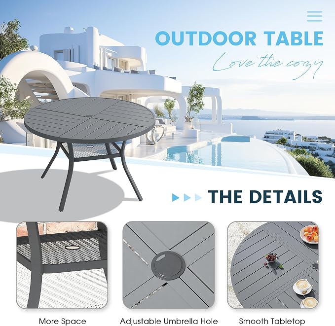 5 Pieces Patio Furniture Dining Set, 4 Textilene Swivel Dining Chairs, 41" Outdoor Round Metal Table with Storage Shelf and 1.57" Umbrella Hole, Outdoor Dining Set for Porch, Lawn, Grey/Grey