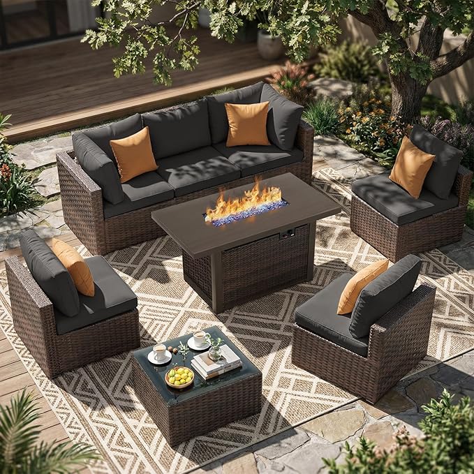 8 Pieces Patio Furniture Sets Outdoor Sectional Sofa with 44'' Propane Rattan Wicker Firepit Table, Patio Sectional Conversation Set with Cushions for Backyard, Poolside, Garden Black