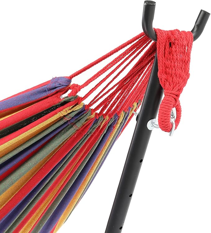 Cotton Hammock with Space Saving Steel Stand,9ft Black Steel Pipe Hammock Frame with 200 * 150cm Polyester Cotton Hammock Iron Hammock Set (Red Stripe A)
