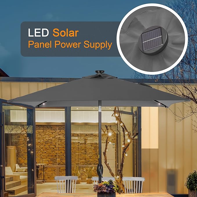Square Patio Umbrella With Solar Lights, 6.5x6.5ft Square Umbrella Outdoor Patio with Tilt and Crank for Pool, Deck, Garden,Backyard