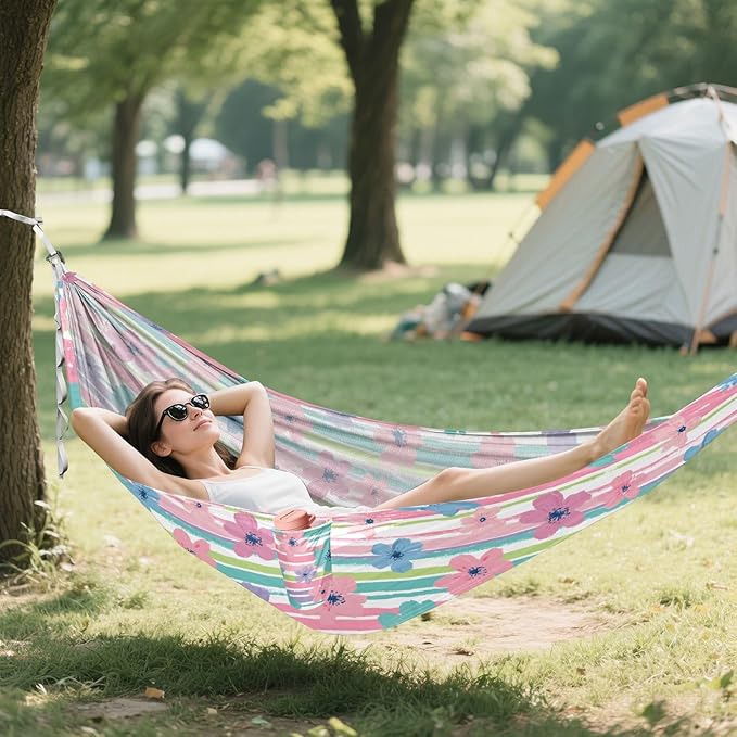 Camping Hammock Outdoor Hammocks for Outside Cute Hibiscus Flower Beach Trees Portable Lightweight with Pockets Tree Straps Indoor