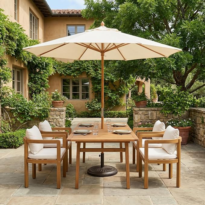 SUNSITT 5-Piece Outdoor Patio Dining Set, 55" - 71" Acacia Wood Expandable Outdoor Table Set with Umbrella Hole, 4 Curved Patio Arm Chairs w/Removable Cushions for Backyard, Porch, Deck
