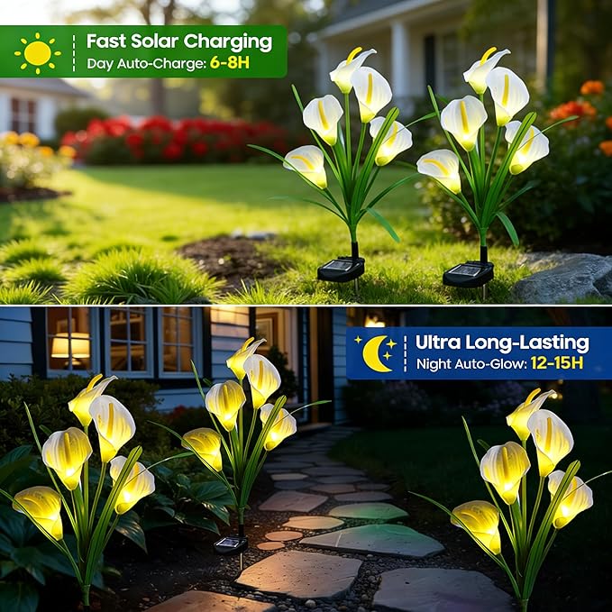 2 Packs Calla Lily Solar Flowers Outdoor Waterproof - Decorative Solar Lights Outdoor for Garden Yard Pathway, Grave Flowers for Cemetery,Mother's Day, Father's Day, Memorial Day & Heaven Birthday