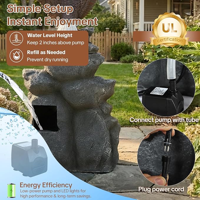 HOMEDIARY 37" H Outdoor Water Fountain, 4-Tier Cascading Waterfall Fountain with LED & Adjustable Pump, Garden Water Feature with Bald Eagle Statue, Natural Rock Finish for Patio, Backyard & Indoor