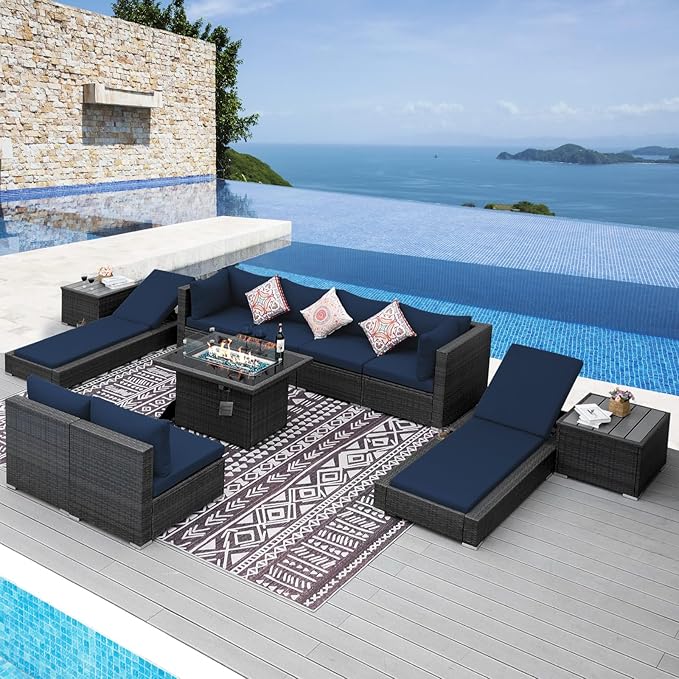 NICESOUL 11-Piece Patio Furniture with Chaise Lounge, Modern Wicker Outdoor Sectional with Fire Pit, Comfortable 29.3'' High-Back Conversation Seating, Heavy Duty All-Weather Couch Set, Grey & Blue