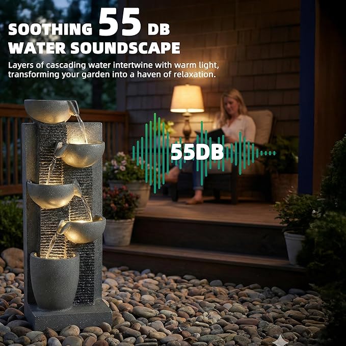 23.3" Tall 5-Tier Cascading Bowl Outdoor Water Fountain, Modern Garden Waterfall Fountain with 4 LED Lights, Floor-Standing Resin Water Feature for Patio, Yard, Deck, House, Office, Home Décor