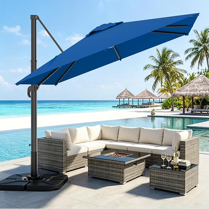 AreShark 10 × 10FT Square Cantilever Patio Umbrella with Base Included, 360° Rotation Offset Outdoor Umbrella, 5 Tilt Settings Heavy Duty Hanging Parasol for Deck Garden Pool, Royal Blue