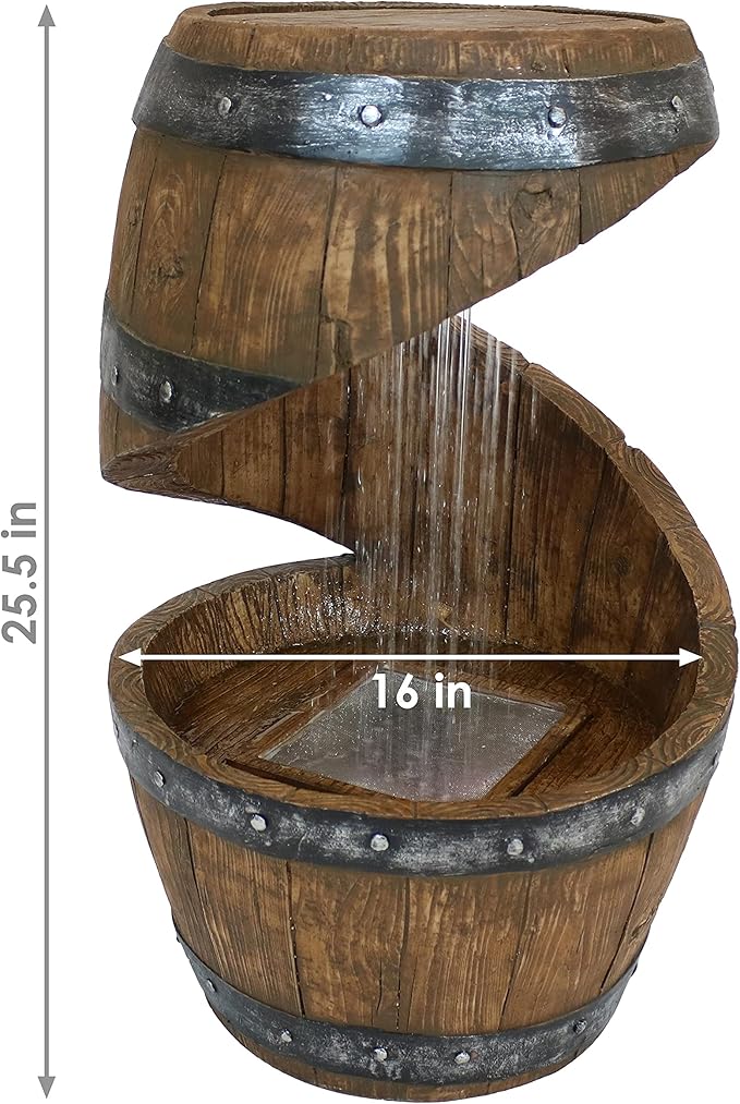 Sunnydaze Spiraling Barrel 25-Inch Outdoor Water Fountain with LED Lights - Electric Submersible Pump with Adjustable Flow