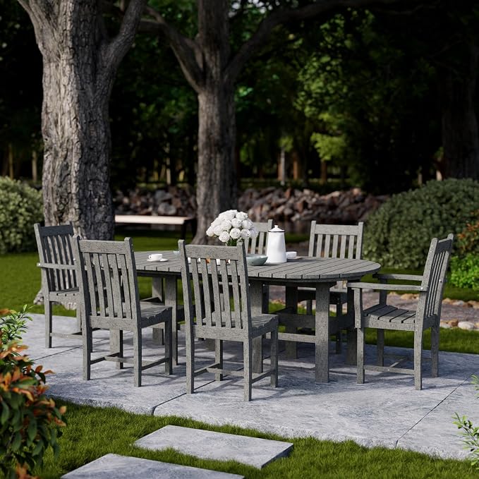 Wildridge Classic 7-Piece 44"x84" Dining Set, Dark Gray - Outdoor Weather Resistant Recycled Plastic Furniture for Patio