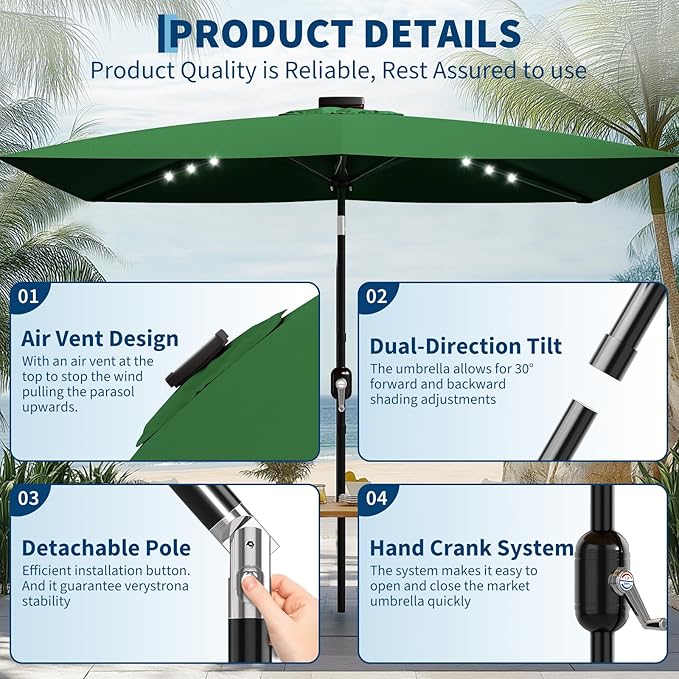 Garvee 10' x 6.5' Solar Rectangular Patio Umbrella with Lights, Outdoor Table Umbrella with Crank and Push Button Tilt, Market Umbrella with 6 Sturdy Ribs Tilt for Garden, Deck, Lawn, Pool