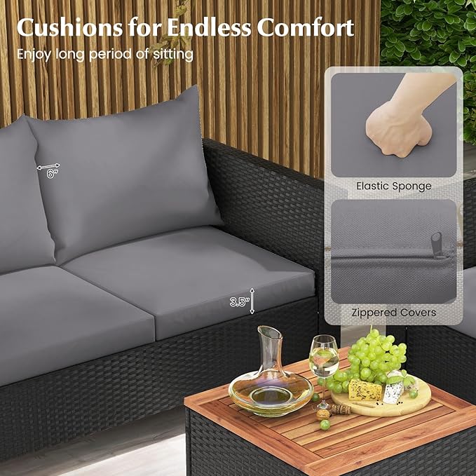 Tangkula 4 Piece Outdoor Conversation Set, Patio Cushioned Chairs w/Storage Coffee Table, Acacia Wood Tabletop & Chair Legs, Patio Wicker Furniture Set for Poolside, Lawn, Porch (1, Gray)
