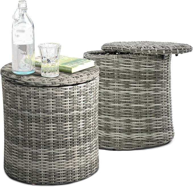 Pemberly Row Outdoor Side Table with Storage, Gray Hand-Woven All-Weather Wicker, Round Accent Table, 18 in Wide Top, 19 in Deep Storage, Adjustable Feet for Patio or Terrace Use