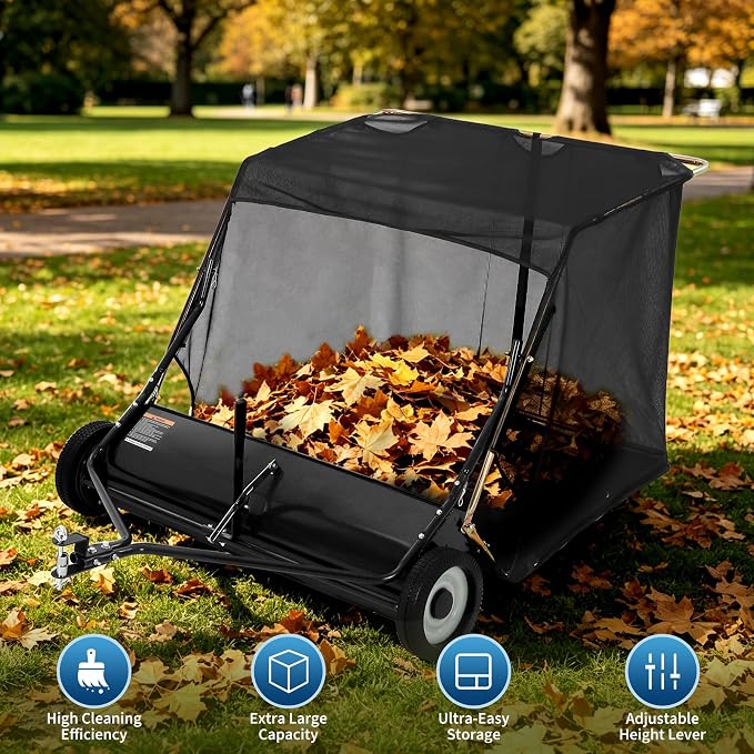 44 Inch Tow Behind Lawn Sweeper, 29 cu.ft Extra-Large Heavy Duty Leaf & Grass Collector, Pull Behind Sweeper with Tool-Free Adjustable Brush Height, Dumping Rope for Riding Mower,Yard Driveway Cleanup