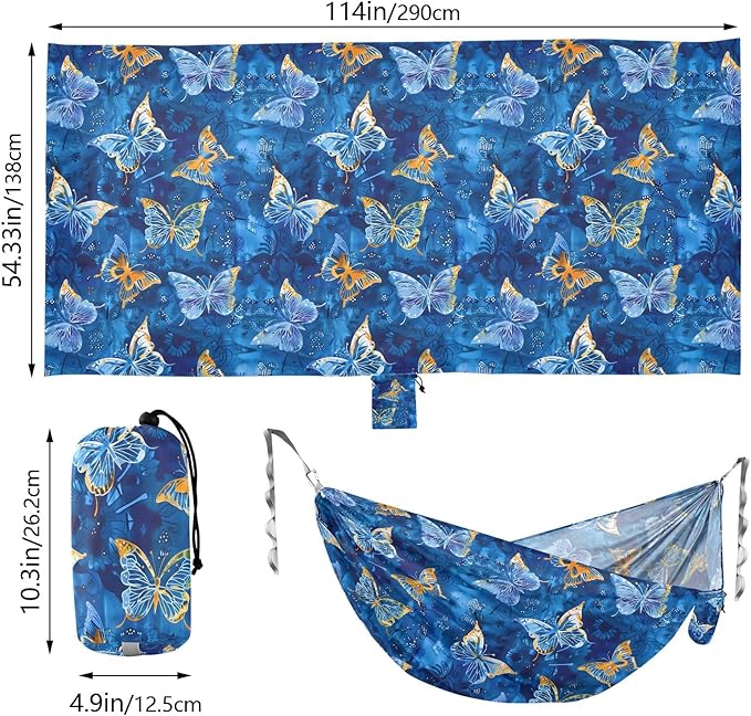 Camping Hammock Outdoor Hammocks for Outside Butterfly Batik Blue Beach Trees Portable Lightweight with Pockets Tree Straps Indoor