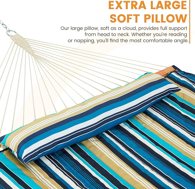 Lazy Daze Hammocks 2 Person Portable Hammock with 12FT Stand, Double Hand Woven Cotton Rope Hammock with Detachable Quilted Pad & Pillow for Outside, 450lb Capacity, Beach Stripes