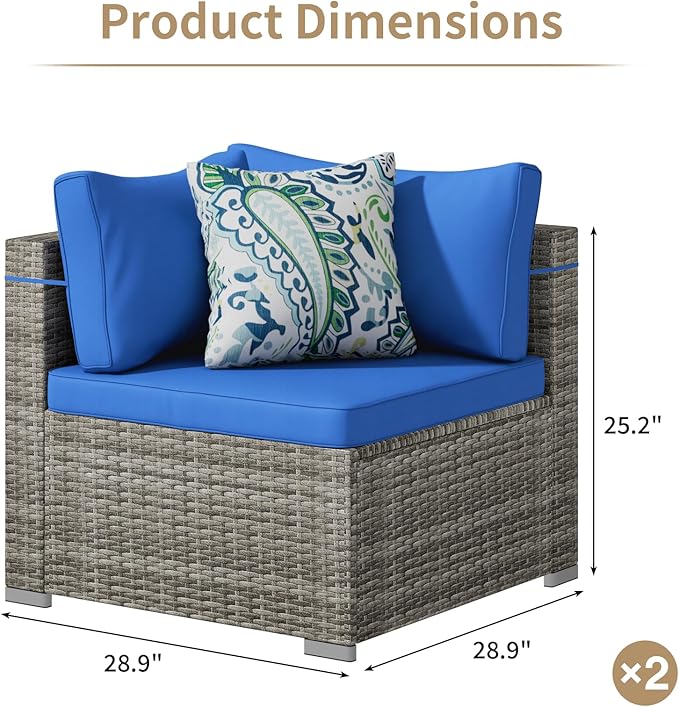 2 Piece Patio Furniture Set, Outdoor Wicker Patio Sofa Set, PE Rattan Sectional Couch and Blue Cushions, All-Weather 2 Piece Outdoor Patio Furniture Sets, Grey