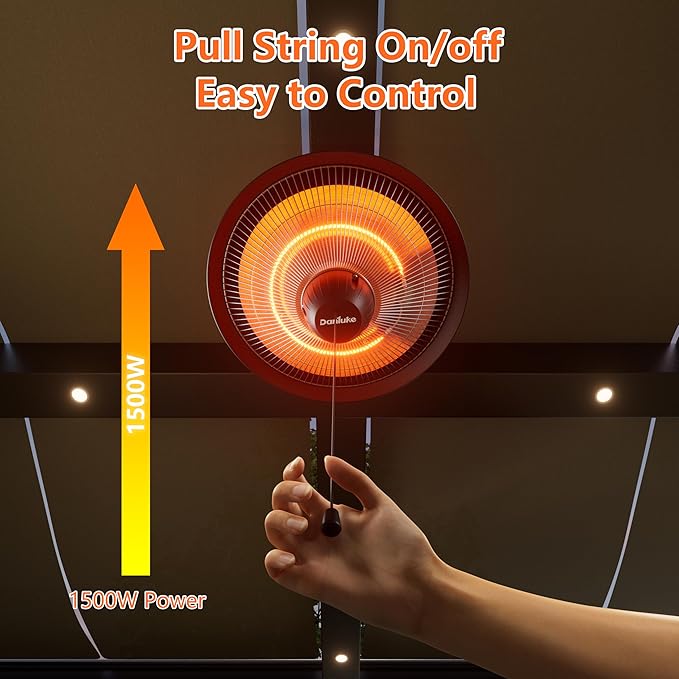 Patio Heater for Outdoor Use 1500W Electric Infrared Hanging Heater, Ceiling Mounted, Waterproof for Porch, Garage, Balcony, Overheat Protection Black