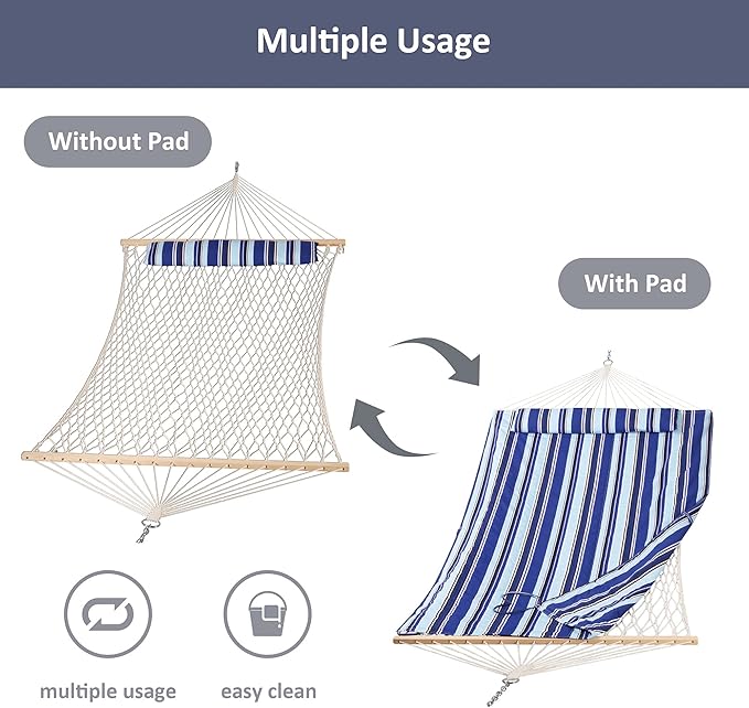 SUNCREAT Cotton Rope Hammock for Two People with Hardwood Spreader Bars, Quilted Fabric Pad & Detachable Pillow, Extra Large Hammock with Wooden Stand, Blue Stripe