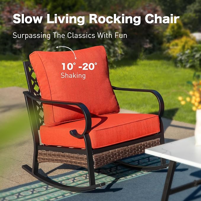 SUNSHINE VALLEY 4 Piece Metal Outdoor Patio Furniture Sets with Firepit Table, Patio Conversation Sets 1 3-Seater Sofa, 2 Rocking Sofa with 5.75" Thick Cushion Backyard Furniture for Deck, Rust Red