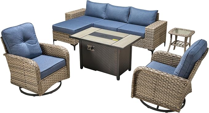 8-Piece Wicker Outdoor Sectional Furniture with Firepit Table, Wide Armrest Patio Couch Set Swivel Rocking Chair Ottoman, Modern Modular Conversation Sets for Backyard Deck Garden, Denim Blue
