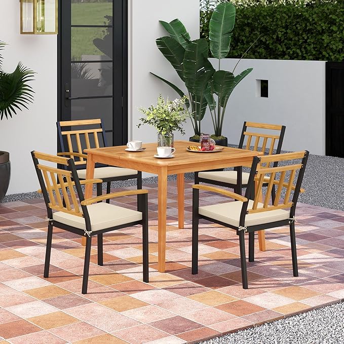 Tangkula 5 Piece Patio Wood Dining Set, Outdoor Square Acacia Table with Umbrella Hole and Metal Chairs Set w/Soft Seat Cushions, for Front Porch, Yard, Balcony and Poolside