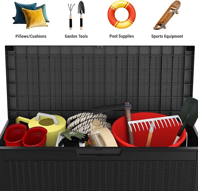 Mars Villa 60 Gallon Outdoor Storage Bench, Deck Box Waterproof Outside Resin Storage Bin for Outdoor Patio Furniture Cushion, Pool Supply, Garden Tool, UV-Resistant and Weatherproof, Rattan Black