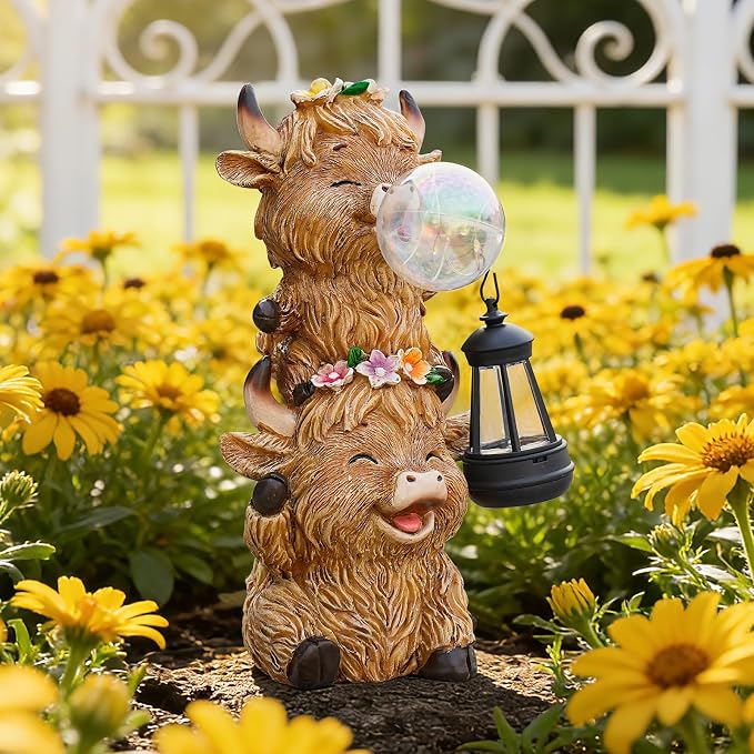 Joint Honglin Solar Highland Cow Garden Statue, Cute Resin Outdoor Decor with Glowing Lantern & Light-Up Bubble, Waterproof Solar Yard Ornament for Lawn, Patio & Garden Decorative Gift (Brown Cow)