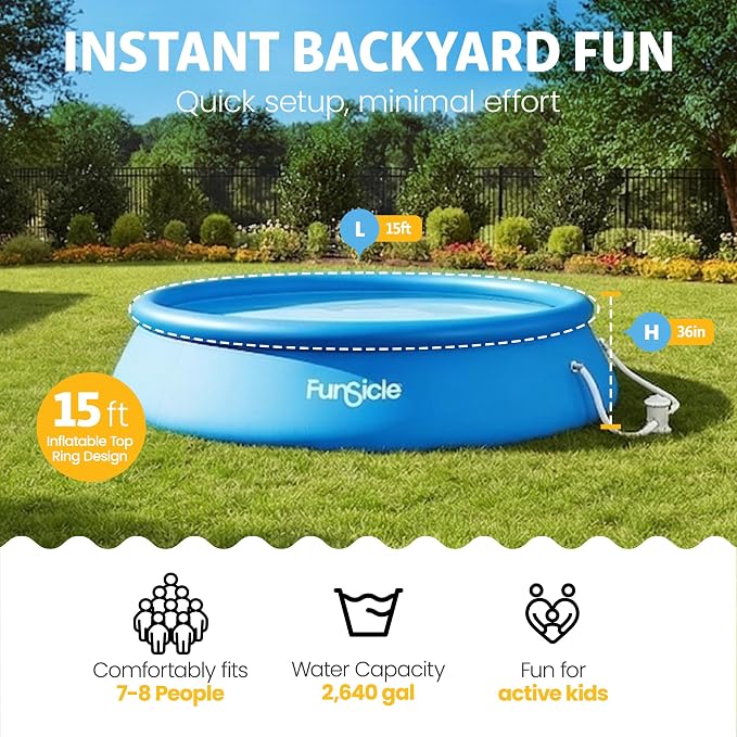 Funsicle Quickset 15' x 36" Round Above Ground Swimming Pool, with FiltraBoost 800 GPH Filter Pump, Type D Filter Cartridge & Repair Patch