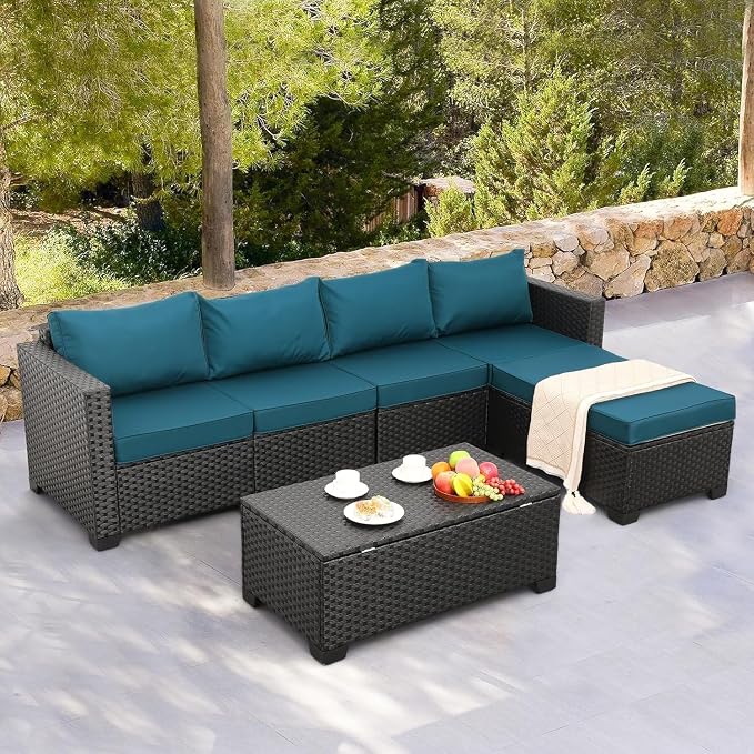 4-Piece Rattaner Outdoor Patio Furniture Set with Weatherproof Cushions with Anti-Slip and Waterproof Covers for Garden Deck Backyard(Blue)