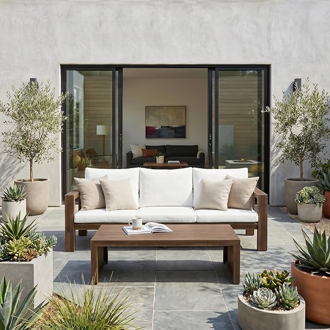 Outdoor Patio Sofa Set 3-Seater Acacia Wood Conversation Set with Cushions & Coffee Table Garden Backyard Balcony Poolside (Beige,Mocha5)