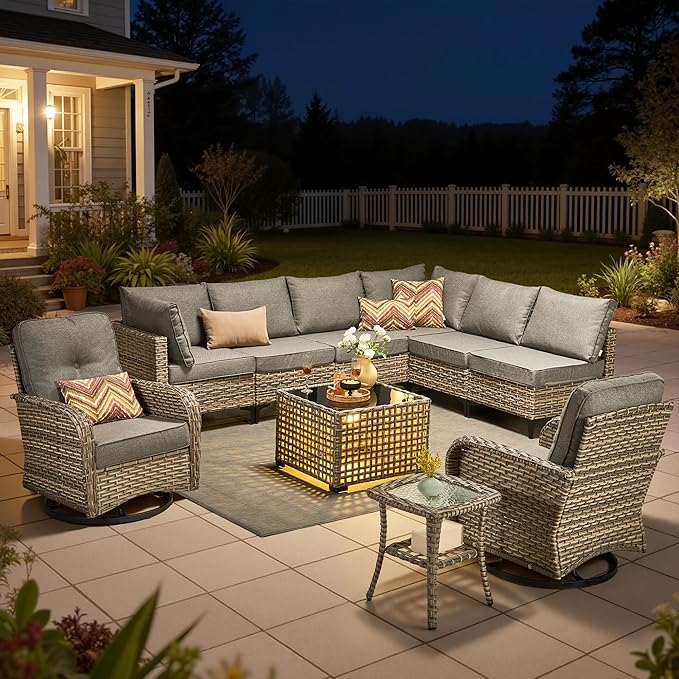 10 Pieces Outdoor Sectional Patio Furniture Set with Swivel Rocking Chairs,Wicker Conversation Sets Rattan L Shaped Couch,Modular Outdoor Sofa for Porch Balcony Backyard Dark Grey