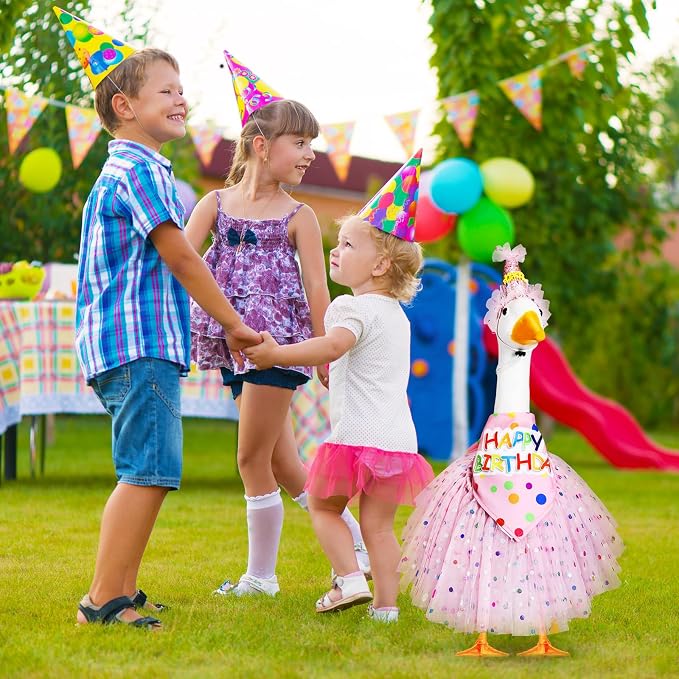 3 Pcs Porch Goose Birthday Outfit Girl Cement Goose Clothes,Pink | 23 Inch Porch Goose Outfits Happy Birthday, Porch Goose Outfits Princess, Happy Birthday Hat and Tutu Skirt Bandana