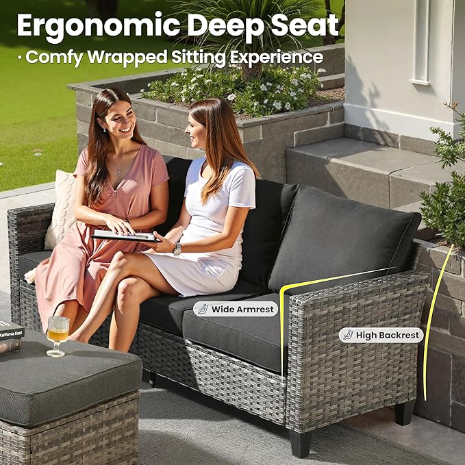 ovios Patio Furniture Set, 6 Pieces Outdoor Wicker Sofa Couch with Fire Pit Table, Ottomans and Comfy Cushions, All Weather High Back Rattan Conversation Set, Black