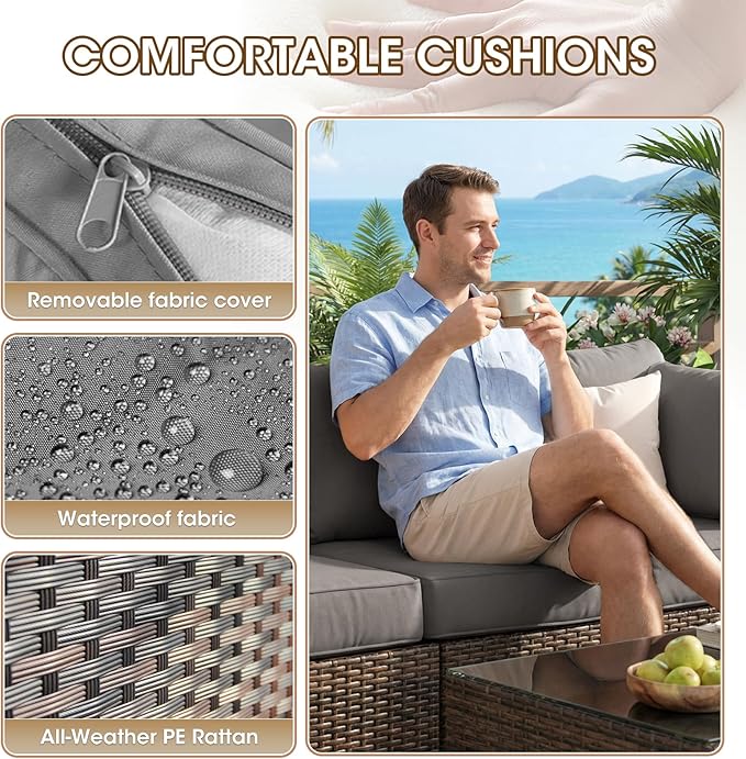 7 Piece Patio Furniture Set with 44" Fire Pit Table, Outdoor Sectional Couch, PE Rattan Patio Conversation Sets with 4inch Cushions for Backyard Grey (GY)