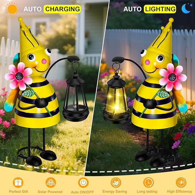 Solar Garden Bee Statue with LED Lantern,14.17 Inch Outdoor Waterproof Bee Figurine Decoration for Patio,Balcony,Yard,Lawn,Birthday Gifts for Women Grandma
