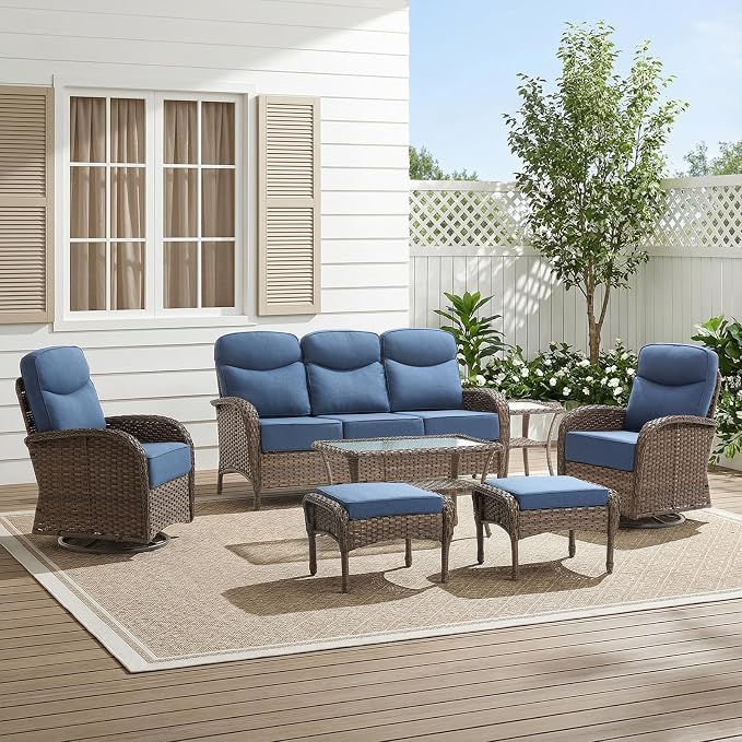 HUMMUH 7-Piece Patio Furniture Set with 6" Thick Cushion High Back Outdoor Swivel Rocker Chairs with 3-Seater Sofa,Coffee Table & Ottomans,Wicker Outdoor Conversation Set for Deck, Porch,Poolside
