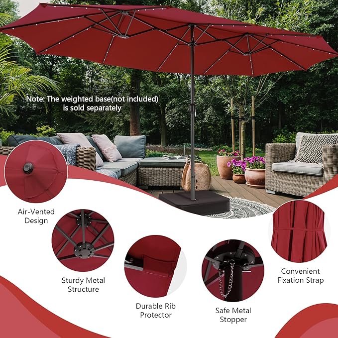 Tangkula 15 Ft Burgundy Twin Patio Umbrella with 48 LED Lights, Hand-Crank System for Poolside, Garden & Backyard Use