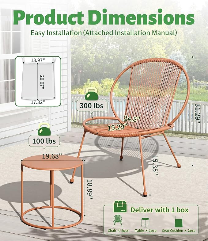 3-Piece Outdoor Patio Bistro Set, Wicker Chairs with Cushions, PE Rattan All-Weather Conversation Set with Coffee Table for Balcony, Porch, Backyard, Poolside, Garden, Deck, Terracotta
