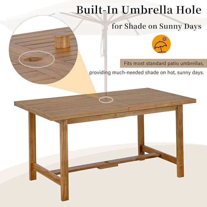 5 Piece Outdoor Dining Set for 4, 59.06" Rectangular Table with Umbrella Hole and 4 Comfortable Chairs, Acacia Wood Dining Set for Patio, Lawn, Garden, Poolside & Indoor Use, Natural